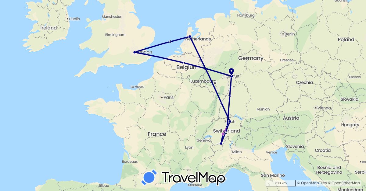 TravelMap itinerary: driving, train in Switzerland, Germany, United Kingdom, Netherlands (Europe)